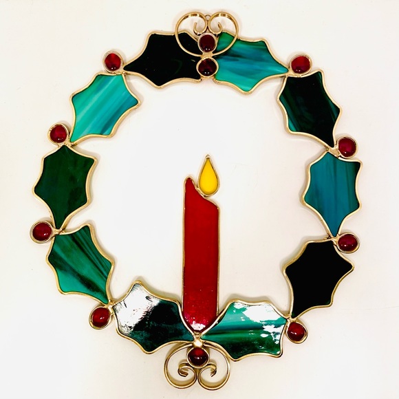 Vintage Christmas Holly Wreath Hand Pieced Stained Glass Sun Catcher Decoration - Picture 1 of 12